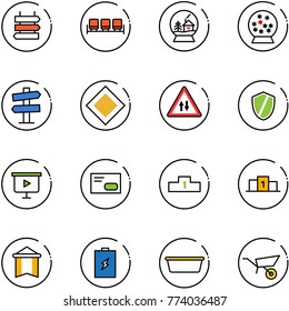 line vector icon set - sign post vector, waiting area, snowball house, road signpost, main, oncoming traffic, shield, presentation board, envelope, pedestal, pennant, battery, basin, wheelbarrow