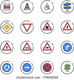 line vector icon set - sign post vector, road cone, disabled, signpost, main, giving way, tunnel, intersection, side wind, cow, only right, circle, no stop