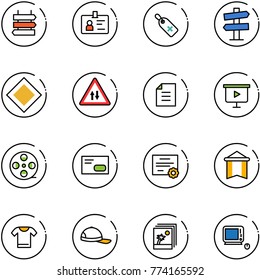 line vector icon set - sign post vector, identity, medical label, road signpost, main, oncoming traffic, document, presentation board, film coil, envelope, certificate, pennant, t shirt, cap, photo
