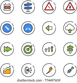 line vector icon set - sign post vector, road signpost, turn left, intersection, detour, arrow, upload cloud, fast forward, target, arrows up, growth, solution, dart