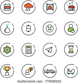 line vector icon set - sign post vector, storm, baggage room, house, onion, bitcoin, dollar smile, user login, gear, calculator, paper fly, sand clock, win cup, money dialog, cabrio, baby car