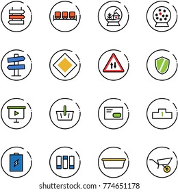 line vector icon set - sign post vector, waiting area, snowball house, road signpost, main, oncoming traffic, shield, presentation board, basket, envelope, pedestal, battery, basin, wheelbarrow