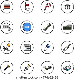 line vector icon set - sign post vector, christmas sock, lollipop, bank, account, only right road, link, brick wall, beach, terms plan, wrench, screwdriver, screw, nail dowel, pipe welding, horn toy