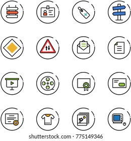 line vector icon set - sign post vector, identity, medical label, road signpost, main, oncoming traffic, opened mail, document, presentation board, film coil, certificate, envelope, t shirt, photo