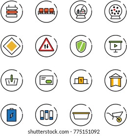 line vector icon set - sign post vector, waiting area, snowball house, main road, oncoming traffic, shield, presentation board, basket, envelope, pedestal, pennant, battery, basin, wheelbarrow