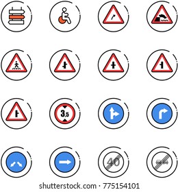 line vector icon set - sign post vector, disabled, turn right road, embankment, pedestrian, intersection, limited height, only forward, detour, end speed limit, overtake