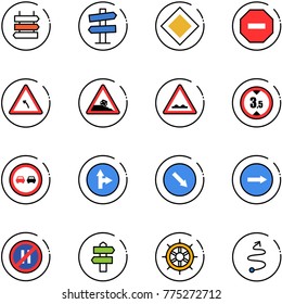 line vector icon set - sign post vector, road signpost, main, no way, turn left, steep roadside, rough, limited height, overtake, only forward right, detour, parking even, hand wheel, trip