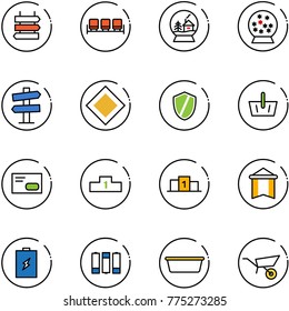 line vector icon set - sign post vector, waiting area, snowball house, road signpost, main, shield, basket, envelope, pedestal, pennant, battery, basin, wheelbarrow