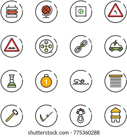 line vector icon set - sign post vector, globe, safe, turn left road, rough, film coil, link, electric car, chess queen, gold medal, swimming, jalousie, sledgehammer, scythe, beanbag