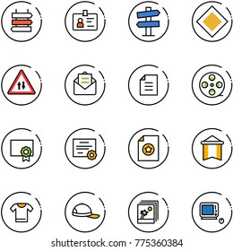line vector icon set - sign post vector, identity, road signpost, main, oncoming traffic, opened mail, document, film coil, certificate, pennant, t shirt, cap, photo, monoblock pc