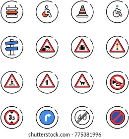 line vector icon set - sign post vector, disabled, road cone, signpost, embankment, tunnel, traffic light, pedestrian, intersection, cow, no horn, limited height, only right, end speed limit