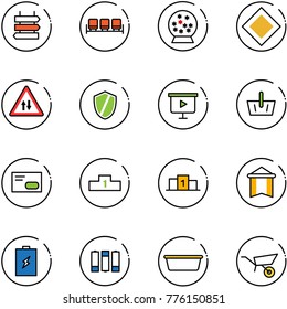 line vector icon set - sign post vector, waiting area, snowball, main road, oncoming traffic, shield, presentation board, basket, envelope, pedestal, pennant, battery, basin, wheelbarrow