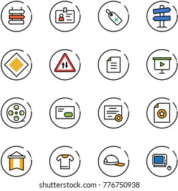 line vector icon set - sign post vector, identity, medical label, road signpost, main, oncoming traffic, document, presentation board, film coil, envelope, certificate, pennant, t shirt, cap