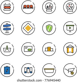 line vector icon set - sign post vector, waiting area, snowball house, road signpost, main, shield, presentation board, basket, envelope, pedestal, pennant, battery, basin, wheelbarrow