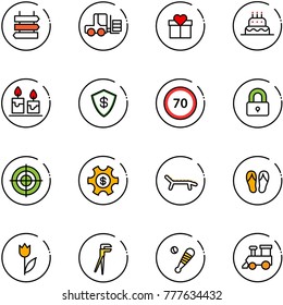 line vector icon set - sign post vector, fork loader, gift, cake, candle, safe, speed limit 70 road, locked, target, money managemet, lounger, flip flops, tulip, plumber, baseball bat, toy train