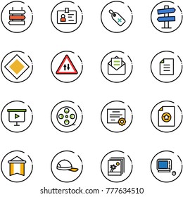 line vector icon set - sign post vector, identity, medical label, road signpost, main, oncoming traffic, opened mail, document, presentation board, film coil, certificate, pennant, cap, photo