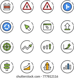 line vector icon set - sign post vector, intersection road, only forward right, circle, cursor, browser, uplooad, target, growth arrow, arrows up, signpost, rise, chart