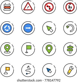 line vector icon set - sign post vector, turn right road, no left, limited height, circle, only, cursor, undo, map pin, flag, signpost, trip, wrench