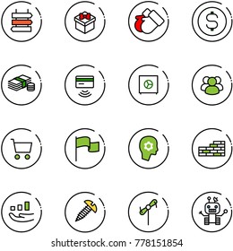 line vector icon set - sign post vector, gift, gloves, dollar coin, cash, tap pay, safe, group, cart, flag, brain work, brick wall, growth, screw, toy windmill, robot