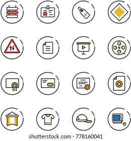 line vector icon set - sign post vector, identity, medical label, main road, oncoming traffic, document, presentation board, film coil, certificate, envelope, pennant, t shirt, cap, monoblock pc