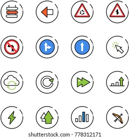 line vector icon set - sign post vector, left arrow, round motion road, intersection, no turn, only forward right, cursor, refresh cloud, reload, fast, growth, lightning, up, chart, bow