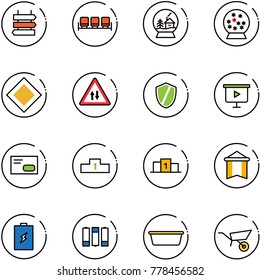 line vector icon set - sign post vector, waiting area, snowball house, main road, oncoming traffic, shield, presentation board, envelope, pedestal, pennant, battery, basin, wheelbarrow