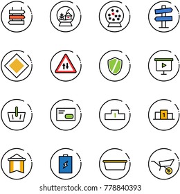 line vector icon set - sign post vector, snowball house, road signpost, main, oncoming traffic, shield, presentation board, basket, envelope, pedestal, pennant, battery, basin, wheelbarrow