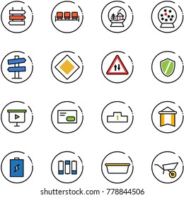 line vector icon set - sign post vector, waiting area, snowball house, road signpost, main, oncoming traffic, shield, presentation board, envelope, pedestal, pennant, battery, basin, wheelbarrow