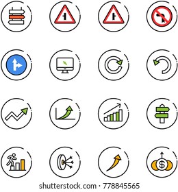 line vector icon set - sign post vector, intersection road, no left turn, only forward right, monitor cursor, reload, undo, growth arrow, signpost, career, solution, dollar