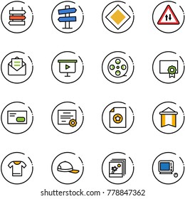 line vector icon set - sign post vector, road signpost, main, oncoming traffic, opened mail, presentation board, film coil, certificate, envelope, pennant, t shirt, cap, photo, monoblock pc