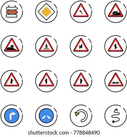 line vector icon set - sign post vector, main road, turn left, climb, steep roadside, pedestrian, abrupt right, intersection, rough, only, detour, undo, trip