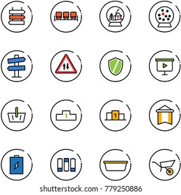 line vector icon set - sign post vector, waiting area, snowball house, road signpost, oncoming traffic, shield, presentation board, basket, pedestal, pennant, battery, basin, wheelbarrow