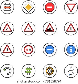 line vector icon set - sign post vector, main road, no way, giving, turn right, left, steep roadside, intersection, overtake, only, pedestrian, undo, signpost, hand wheel, trip