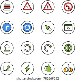 line vector icon set - sign post vector, turn left road, intersection, no, only right, circle, cursor, browser, uplooad, reload, redo, target, growth arrow, lightning, up, dollar