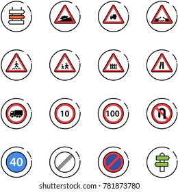 line vector icon set - sign post vector, climb road, tractor way, drawbridge, pedestrian, children, railway intersection, narrows, no truck, speed limit 10, 100, turn back, minimal, parking