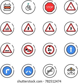 line vector icon set - sign post vector, disabled, stop road, turn left, children, intersection, rough, no horn, limited height, only forward, right, detour, end overtake limit, outdoor cafe