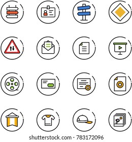 line vector icon set - sign post vector, identity, road signpost, main, oncoming traffic, opened mail, document, presentation board, film coil, envelope, certificate, pennant, t shirt, cap, photo