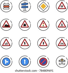 line vector icon set - sign post vector, road signpost, main, oncoming traffic, climb, tunnel, light, pedestrian, children, intersection, side wind, only forward right, no parking, outdoor cafe