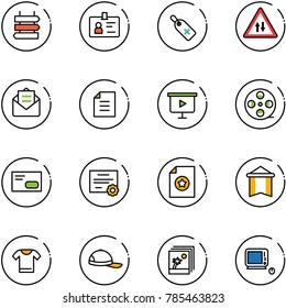 line vector icon set - sign post vector, identity, medical label, oncoming traffic road, opened mail, document, presentation board, film coil, envelope, certificate, pennant, t shirt, cap, photo