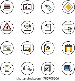 line vector icon set - sign post vector, identity, medical label, main road, oncoming traffic, opened mail, document, certificate, envelope, pennant, t shirt, cap, photo, monoblock pc