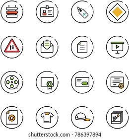 line vector icon set - sign post vector, identity, medical label, main road, oncoming traffic, opened mail, document, presentation board, film coil, certificate, envelope, t shirt, cap, photo