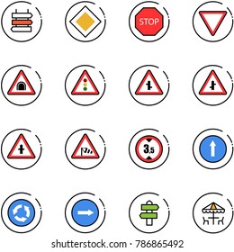 line vector icon set - sign post vector, main road, stop, giving way, tunnel, traffic light, intersection, side wind, limited height, only forward, circle, right, signpost, outdoor cafe