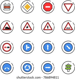 line vector icon set - sign post vector, main road, no way, giving, climb, abrupt turn right, intersection, rough, overtake, only forward, detour, circle, signpost