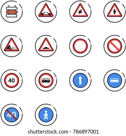 line vector icon set - sign post vector, drawbridge road, abrupt turn right, intersection, gravel, artificial unevenness, prohibition, speed limit 40, no bus, only forward, end minimal