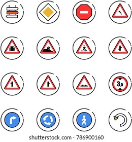 line vector icon set - sign post vector, main road, no way, turn left, tunnel, steep roadside, pedestrian, intersection, rough, limited height, only right, circle, undo