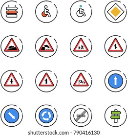 line vector icon set - sign post vector, disabled, main road, climb, embankment, children, intersection, side wind, only forward, detour, circle, end overtake limit, signpost