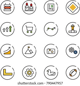 line vector icon set - sign post vector, candle, account statement, main road, arrows up, cart, chart point arrow, winner, rise, mountain, photo, gear, corner ruler, toy duck, football