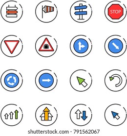 line vector icon set - sign post vector, side wind, road signpost, stop, giving way, tunnel, only forward right, detour, circle, cursor, undo, arrows up, down