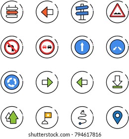 line vector icon set - sign post vector, left arrow, road signpost, rough, no turn, overtake, only forward, detour, circle, right, download, up, flag, trip, navigation pin