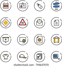 line vector icon set - sign post vector, identity, medical label, road signpost, main, oncoming traffic, opened mail, document, presentation board, certificate, pennant, t shirt, cap, photo